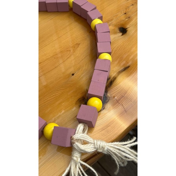 Chunky Wooden Mauve and Yellow Beaded Garland with Jute Tassels - Picture 4 of 10